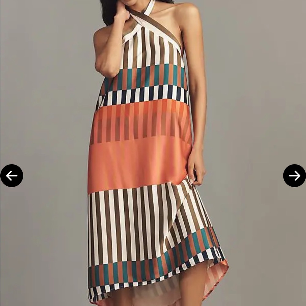 Hutch Asymmetrical Halter Stripe Dress in Coral, Teal & Brown